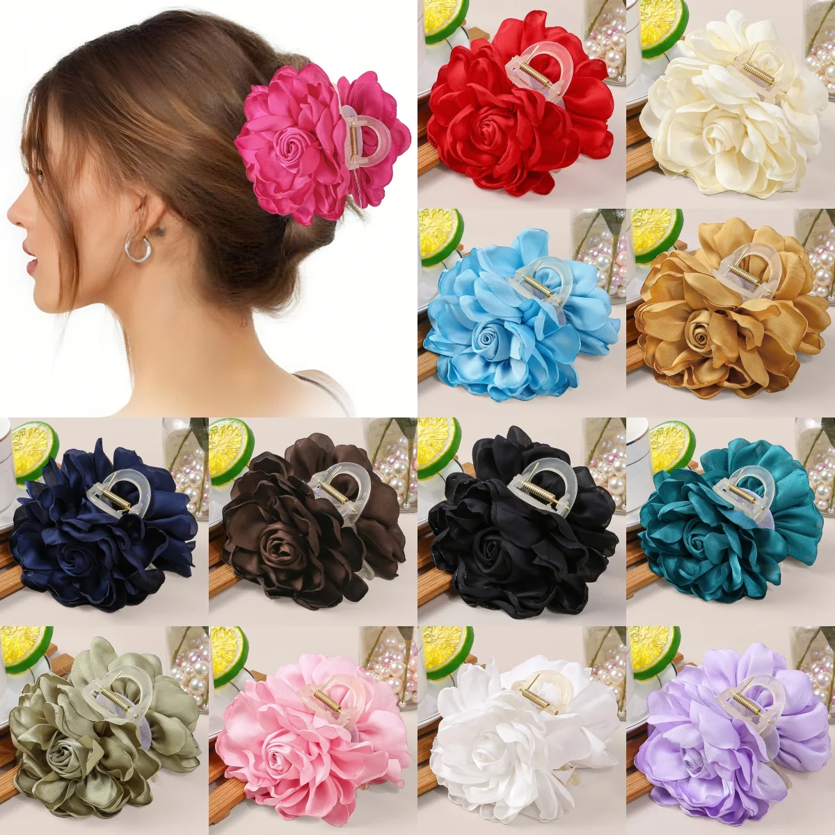 4 stücke Mode Rose Blume Haar Clips Krallen Kunststoff Haar Klaue Clips Satin Floral Haar Klaue Clip Headwear Frauen Haar zubehör