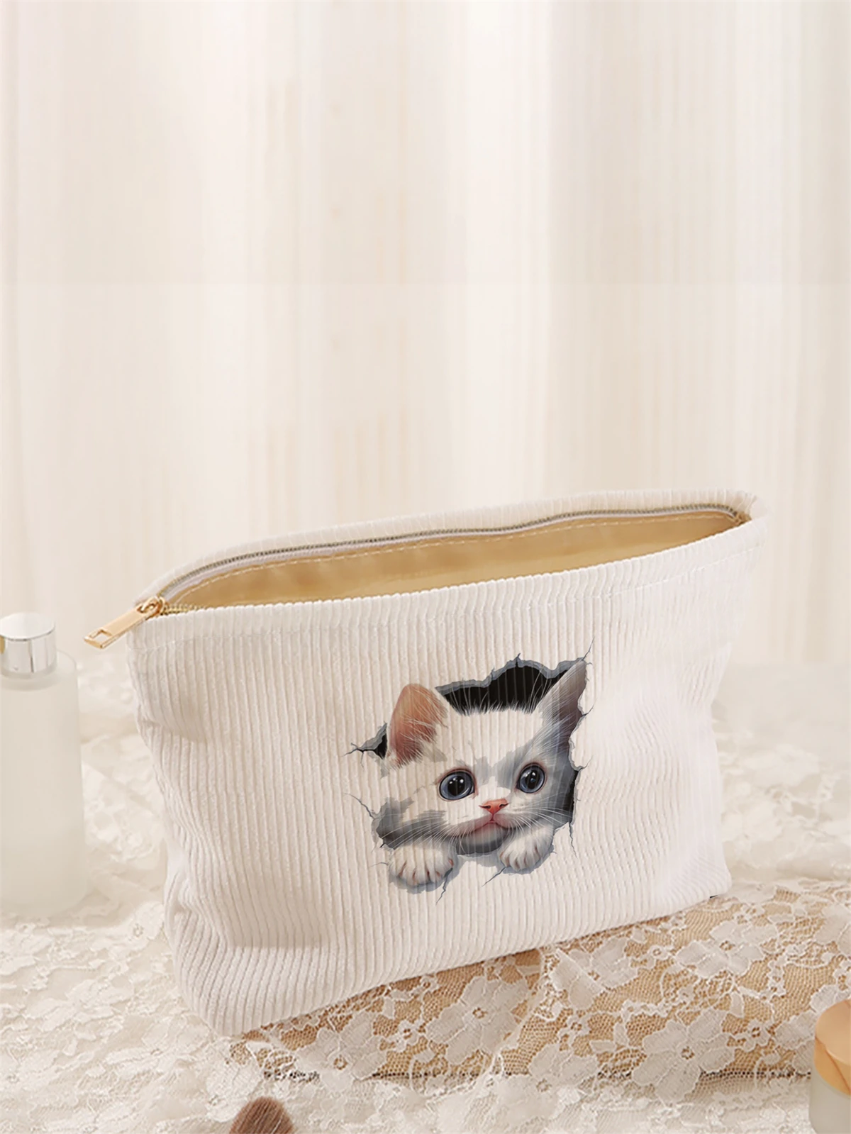 1 cat pattern printed corduroy makeup bag, lightweight zipper makeup storage box, multifunctional bag with lining