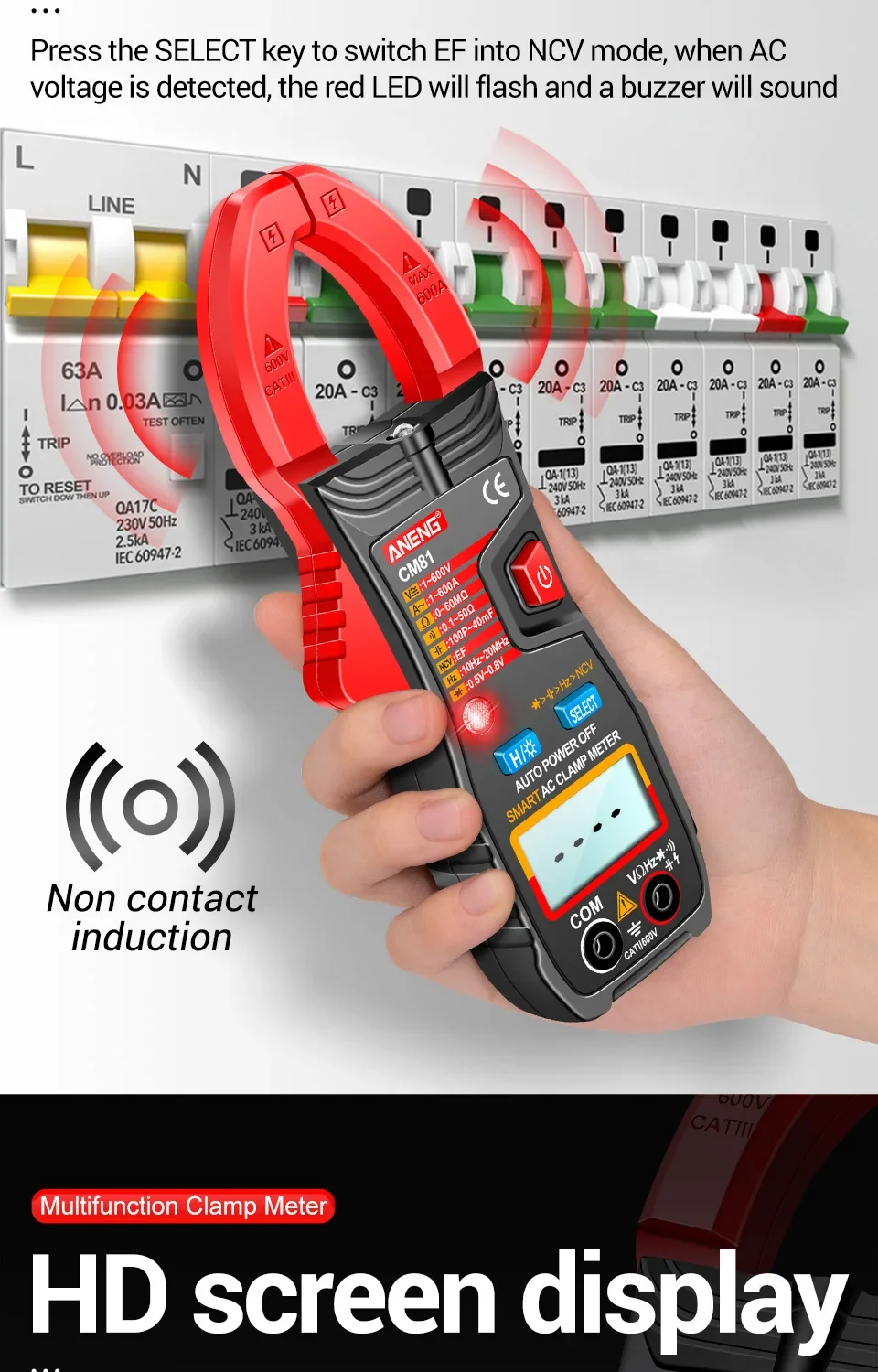 ANENG CM81 Digital Clamp Multimeter - AC/DC Voltage, Current, Resistance, Capacitance, and Diode Tester High-performance, auto-ranging digital clamp multimeter for precise measurements of AC/DC voltage, current, resistance, capacitance, and diode testing. High-performance, auto-ranging digital clamp multimeter for precise measurements of AC/DC voltage, current, resistance, capacitance, and diode testing. S73115a0c17fa445eabc8e8e079ec19a23 -