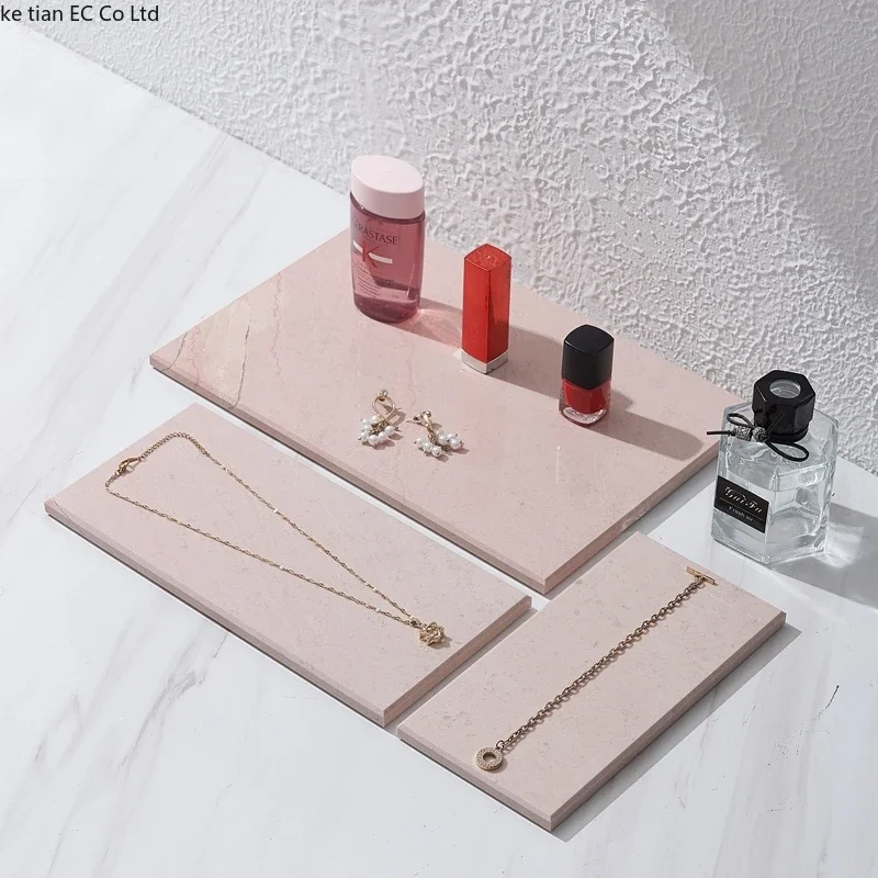 European style natural pink marble tray Aromatherapy Bottle Makeup Bottle Storage Tray Decorative Tray Jewelry Display Plate 2