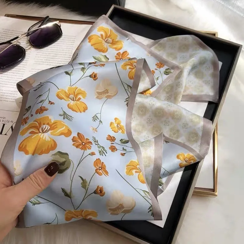 1pcs 70cm Small Yellow Flower Pattern Silk Scarf Women Simulated Silk Fresh and Fashionable Versatile Headscarf Scarf and Shawl 2
