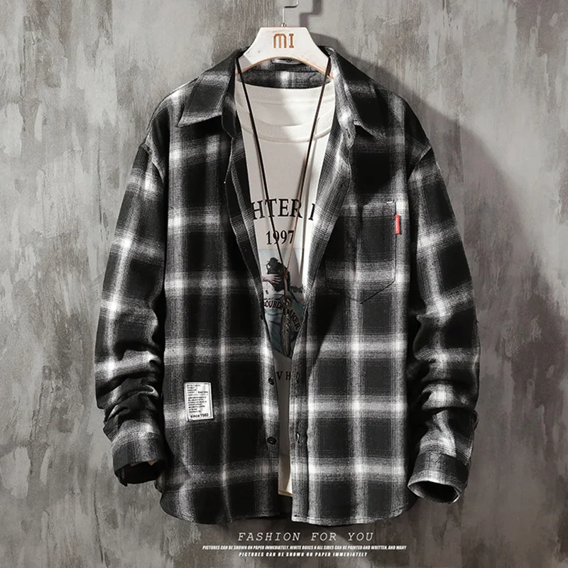 Men Casual Long Sleeve Plaid Shirt Harajuku Checkered Shirt M-5XL