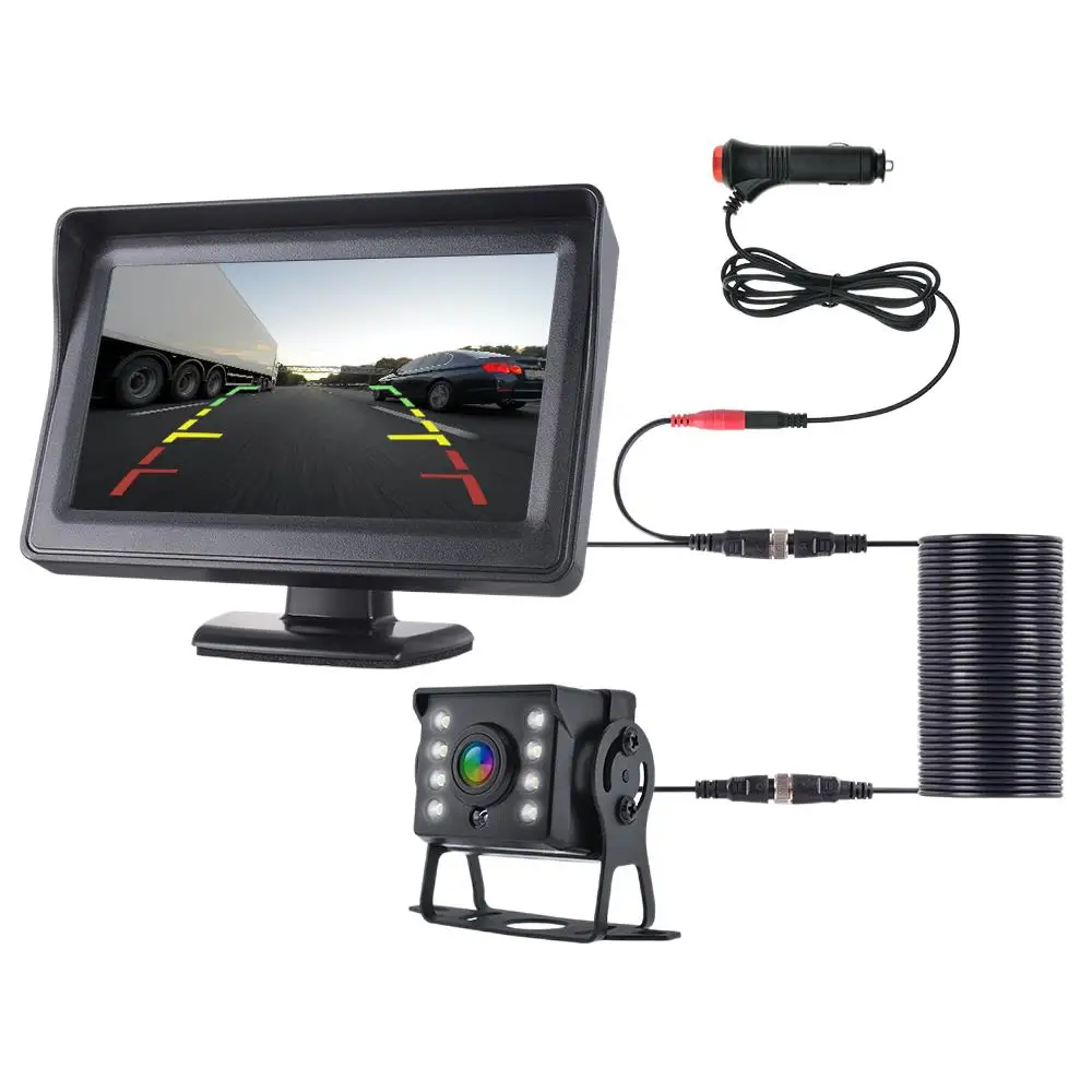 자동차 후방 카메라 모니터 포함 CCD HD, 4.3 인치 HD 스크린, LED 보안, 버스 트럭 주차 RV 트레일러용, 쉬운 설치