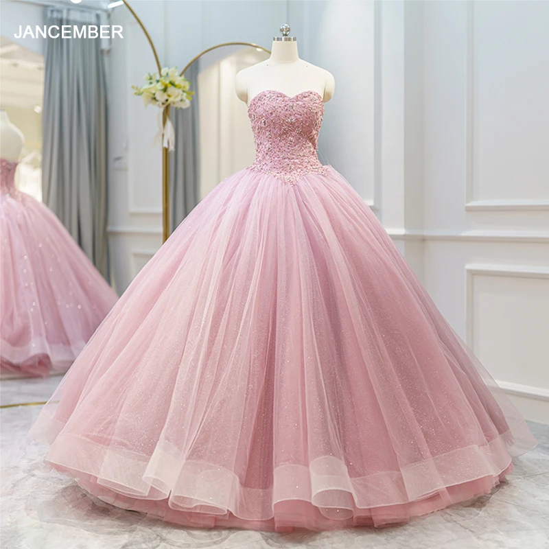 

JANCEMBER Romantic Quinceanera Dresses Organza Ball Gown Sequined 2023 Pink Sweetheart LWC6716 vestido de niña de las flores