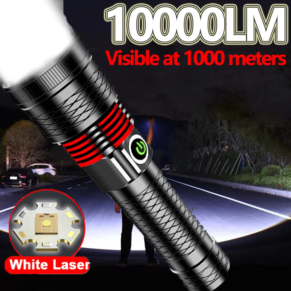 10000LM Rechargeable Strong light LED Flashlights White Laser Lamp Beads aluminum alloy flashlight Super Bright Lantern Camping