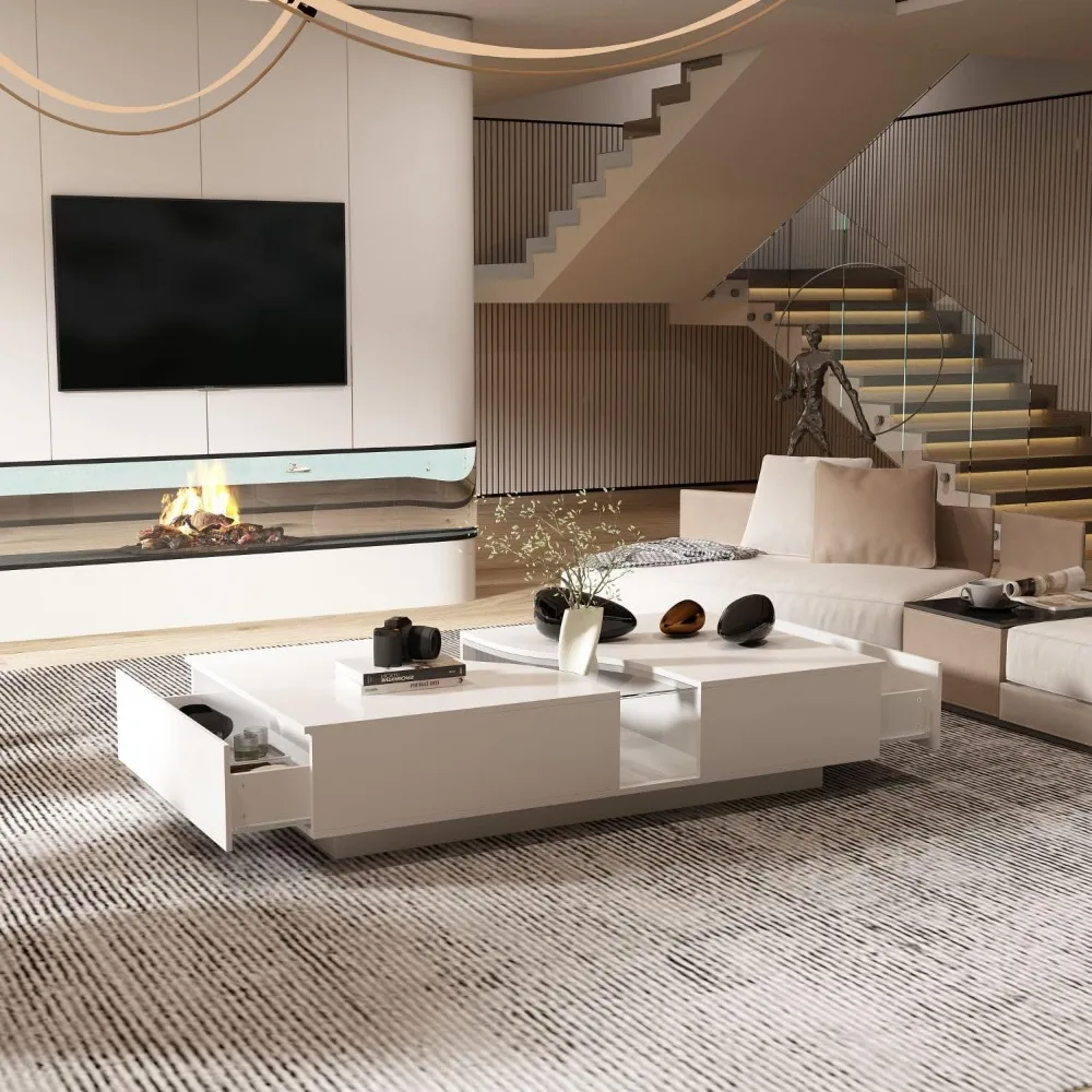 Modern Coffee Table with Lights & Glass Tabletop with 2 Drawers, Central Table with Storage, White, Living Room Coffee Table 6