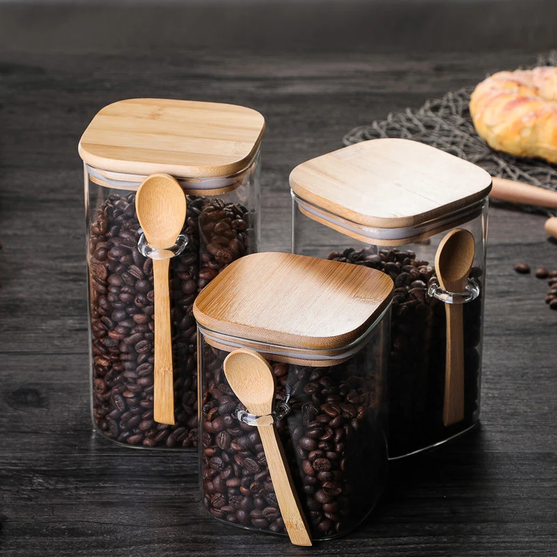 800-1200ml Square Glass Coffee Sealed Storage Jar Wooden Spoon Coffee Bean Cans Household Milk Powder Tea Sugar Storage Can 5