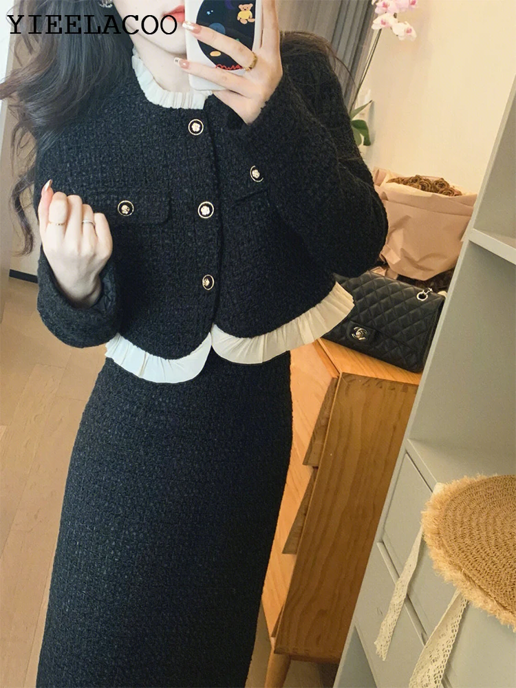 Elegant sweater jacket, versatile fishtail skirt two-piece trendy set,black dress
