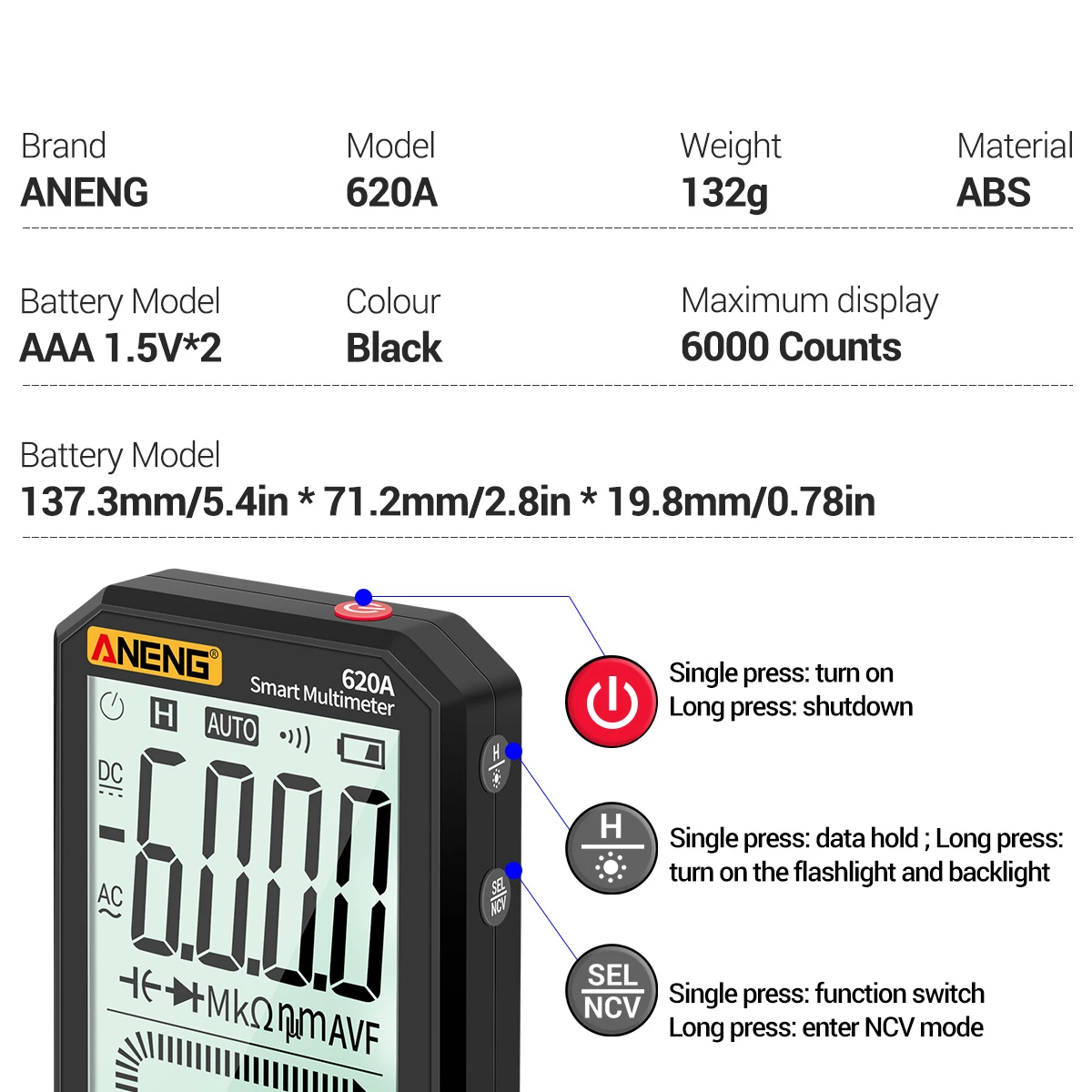 ANENG-620A  Ʈ Ƽ Ʈ ׽, 6000 īƮ  RMS ڵ  ĿнϽ  µ 