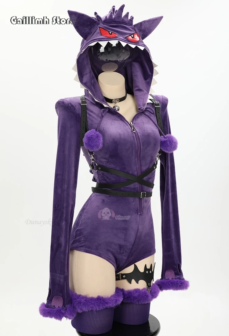 Costume Cosplay fantasma viola donna Halloween viola Sexy pagliaccetto tuta  peluche con cappuccio e calzini con cintura e coda - AliExpress