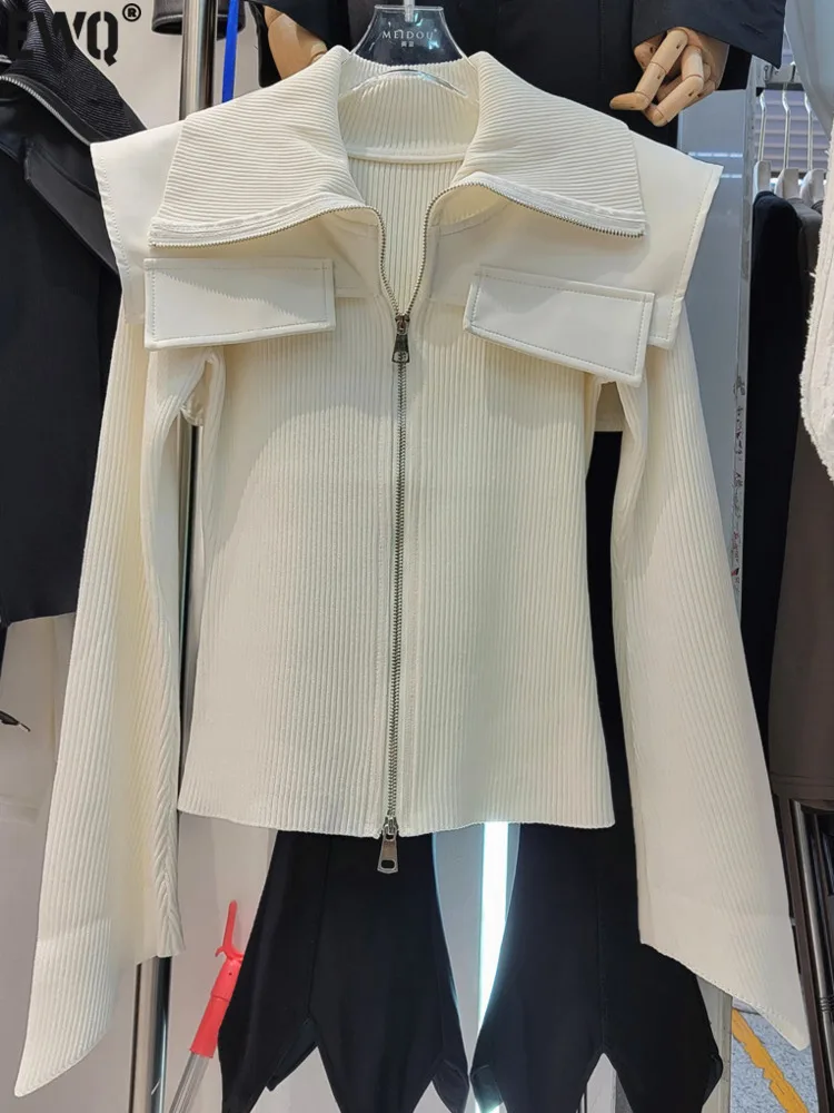 

[EWQ] Motor Storm Leather Patchwork Lapel Cardigan Coat Women Long Sleeve Elastic Zip-up Sweater Jackets Coat 2023 Autumn 6U3971