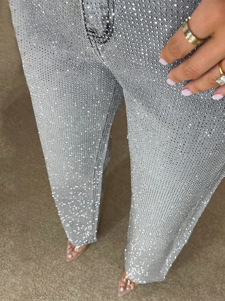 Y2k Women Shiny Rhinestone Denim Pants Wide Leg Straight Full Diamond Jeans for Female Dragging High Street Outwear Trousers 2