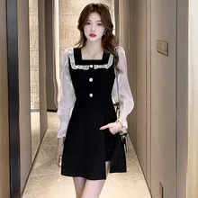 

Chic Womens Tracksuits 2 Piece Set Spring Square Neck Ruffle Dress+ Elastic Waist Shorts Siut Two Piece Outfit Solid Color Sets