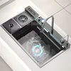 Waterfall Large Single Sink Kitchen Stainless Steel with Trash Can Multifunctional Vegetable and Dishwashing Basin Sink 2