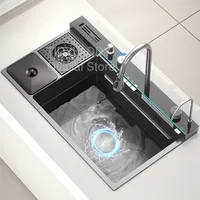 Waterfall Large Single Sink Kitchen Stainless Steel with Trash Can Multifunctional Vegetable and Dishwashing Basin Sink 2