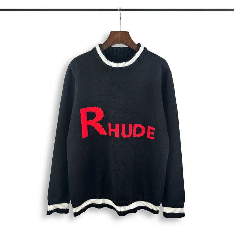

Black White Stripe RHUDE Sweater Round Neck Men Women Classic Red Jacquard Rhude Logo Knit Sweatshirts Pullovers