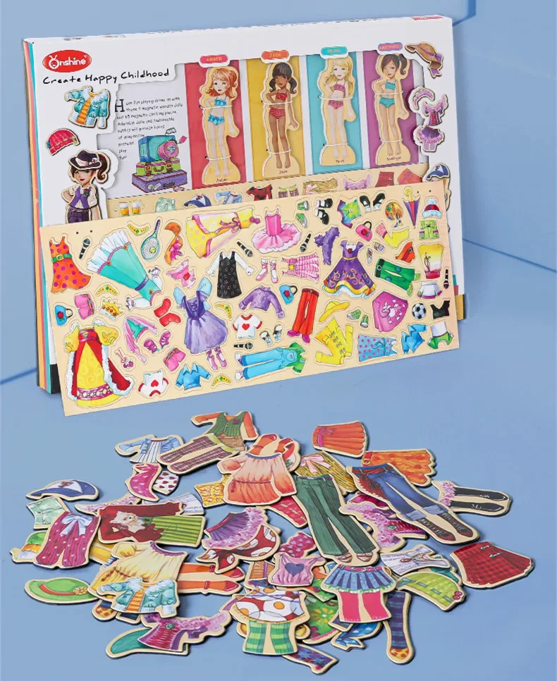 [Funny] 69pcs/set Wooden puzzle magnetic Cute Girl Dress Changing play house Toys kid's early education toys baby birthday gift 4