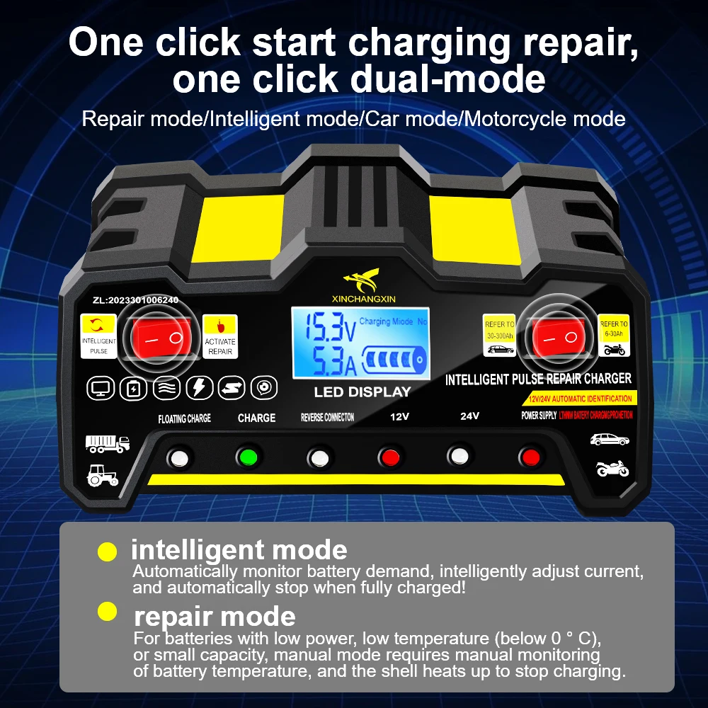Caricabatteria per auto da 600 W Uscita 12V 12A / 24V 9A Ricarica rapida Caricabatteria per accumulo domestico per riparazione automatica intelligente degli impulsi - Image 5