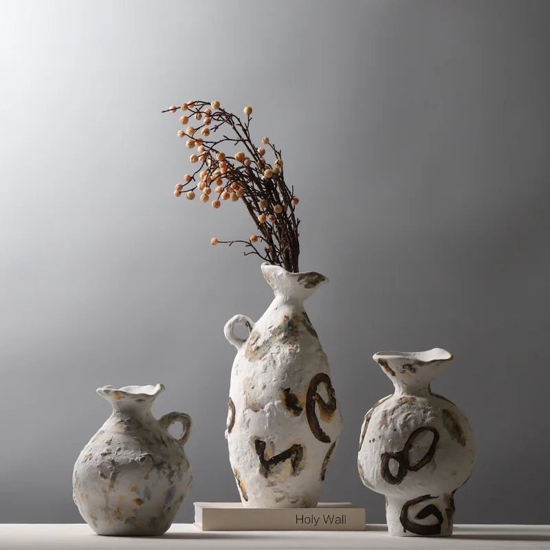 Nordic Simple Wabi-Sabi Style Element Embryo Ceramic Vase Home Retro Pottery Ornaments Do Old Home Stay Handpainted Vases