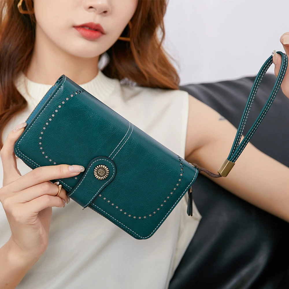 RFID anti-theft brush Retro large capacity long wallet Multi-card women's wallet Multi-function zipper wallet with wrist strap 6