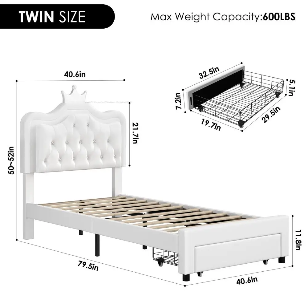 Twin Size LED Upholstered Bed Adjustable Headboard with Storage Drawer Music-Activated Crystal Button Tufted Platform Bed Kids 3