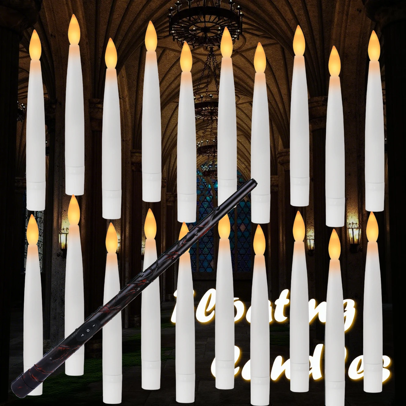 Floating LED Candles with Wand Timer Remote Flickering Electronic Hanging Candle with DIY Line&Clips for Halloween Decor 12/48Pc