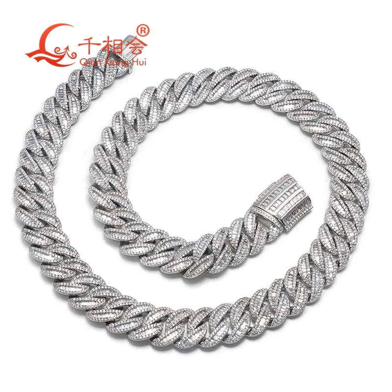 

bracelet 15mm baguette half moon 925 Silver Cuban Link Iced Out Hip Hop white Moissanite Chain Jewelry for Women Men Gifts