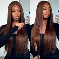 Extensions de Cheveux Humains Lisses avec Closure, Bundles Chocolat Marron, Tissage 100% Cheveux Humains, Frontal en Dentelle HD 4x4 13x4 6