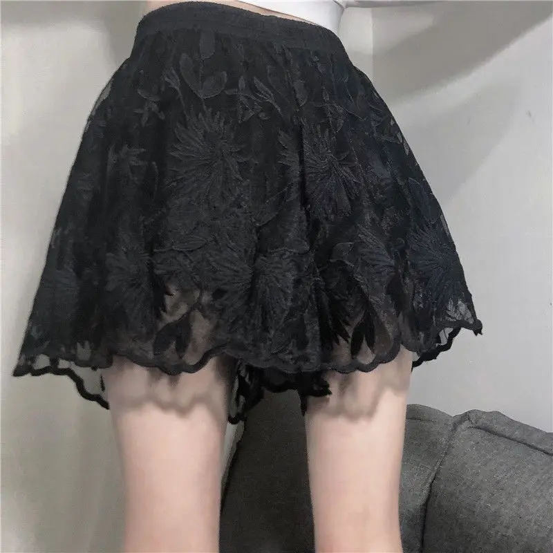 Safety Pants White Floral Crochet Shorts Summer Vintage Loose Wide Leg Female Shorts Ladies Lolita Embroidery Sweet Underskirt