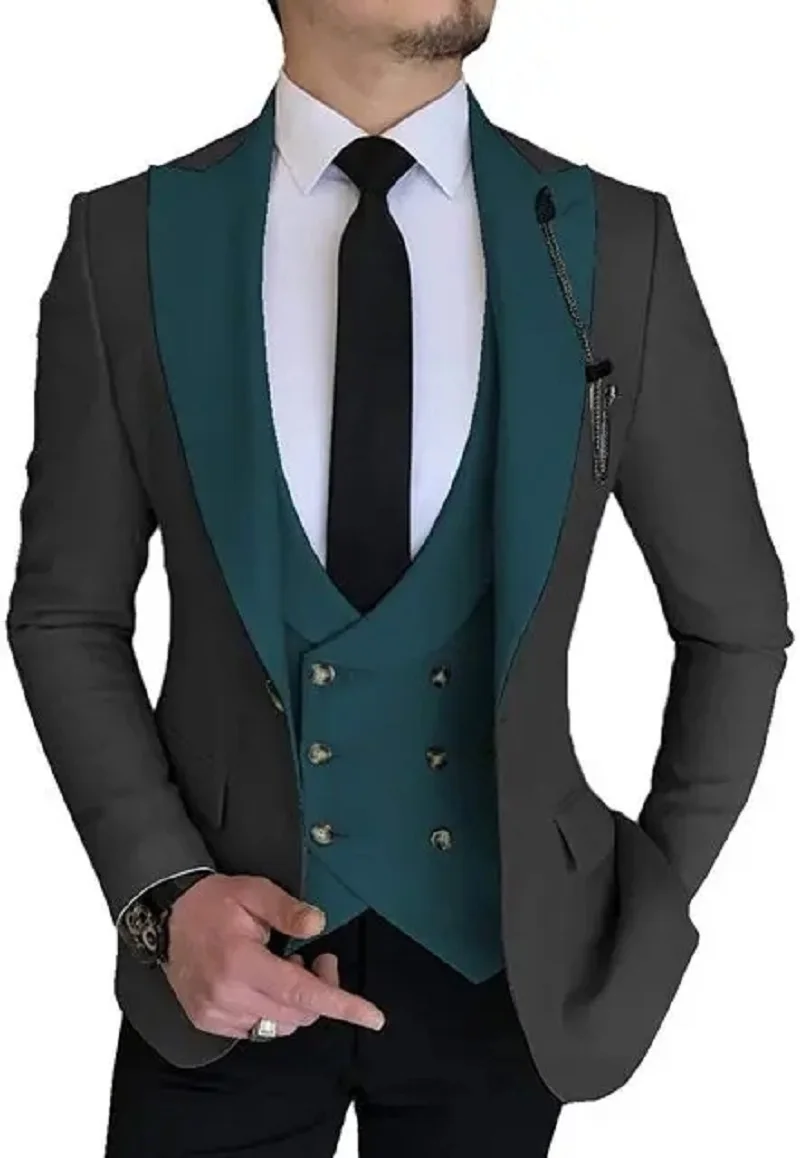 Men Suits Champagne Double Breasted Vest Wedding Tuxedo Terno Masculino Prom Groom 3 Pcs Slim Fit Blazer Custom Made