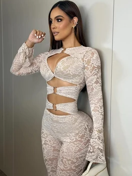 Weird Puss Jacquard 2-Piece Set Women Elegant Sexy Hollow Ring Crop Tops+Flare Pants Matching Stretch Midnight Clubwear Outfits 1