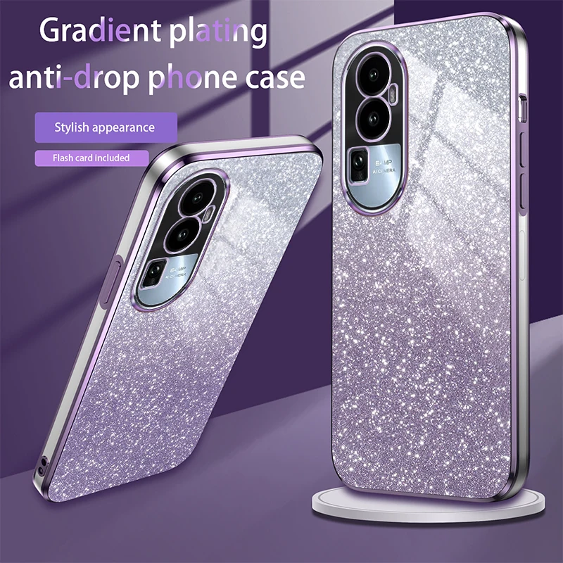 Cover Per Oppo Reno 10 Pro 5G Glitter Trasparente Con Fiori - Custodia In Silicone Morbido Antiurto, Design 2 In 1 Separabile (Blu) - 3