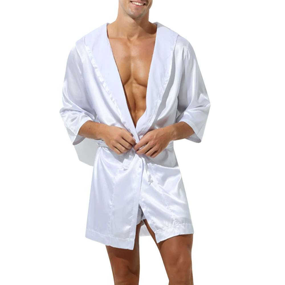 

Men Bathrobe Pajamas Nightgown Hooded Loose Satin Silk Sleepwear Cardigan Gown Bath Robe Nightwear Sleep Bottoms