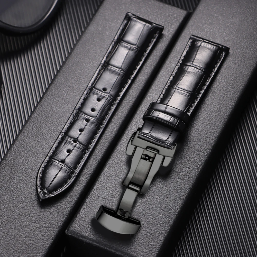 Elegant Genuine Leather Men's Watch Strap with Metal Butterfly Buckle