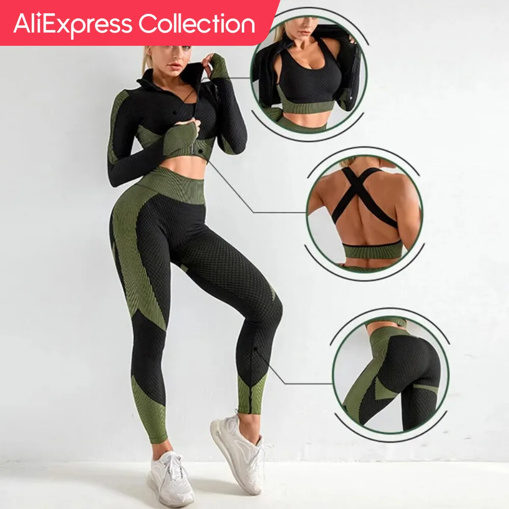 Aliexpress Collection Women 2/3Pcs Seamless Workout Outfit Set Yoga Sportswear Tuta Leggings E Reggiseno Sportivo Elasticizzato