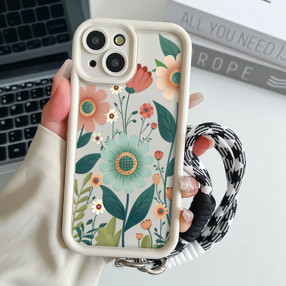 Floral Wrist Chain Lanyard Phone Case with Soft TPU Cover