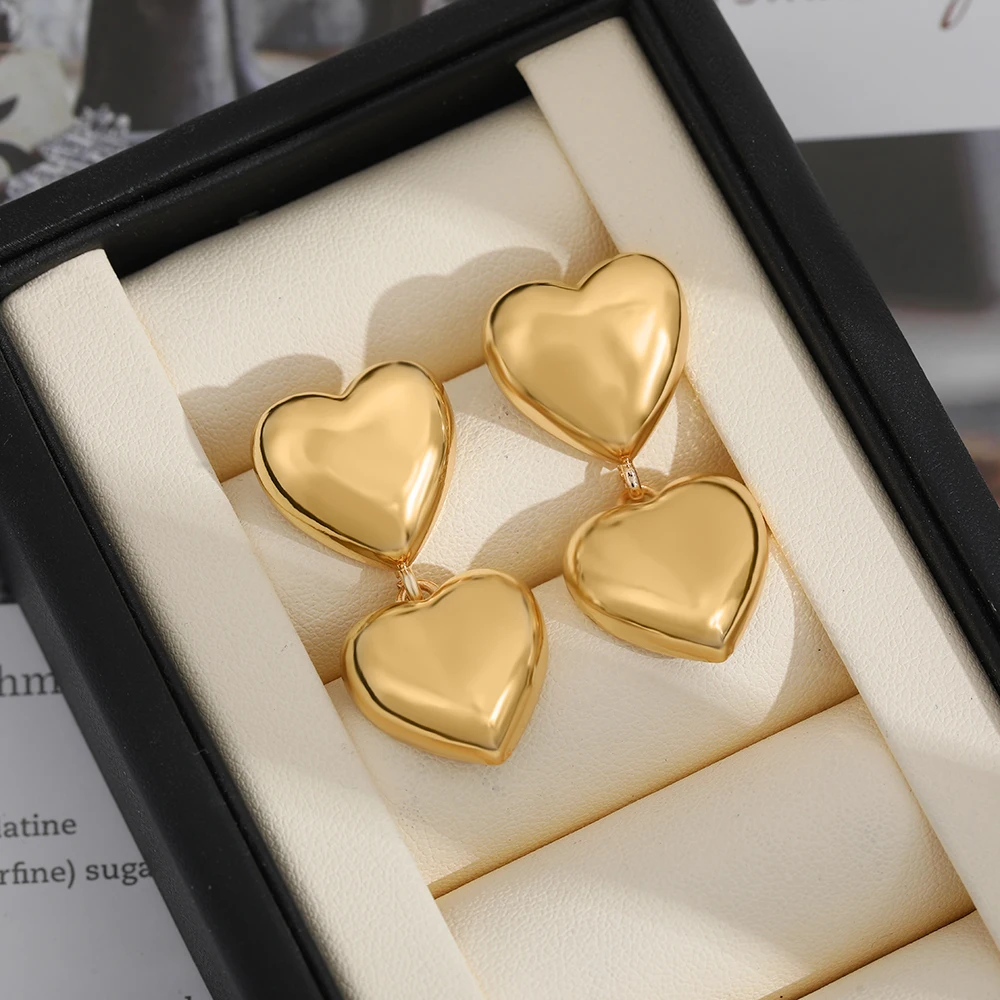 New PVD Stainless Steel Chunky Double Heart Dangle Earrings Classic Versatile Waterproof Hammered Earring Stylish Jewelry Bijoux