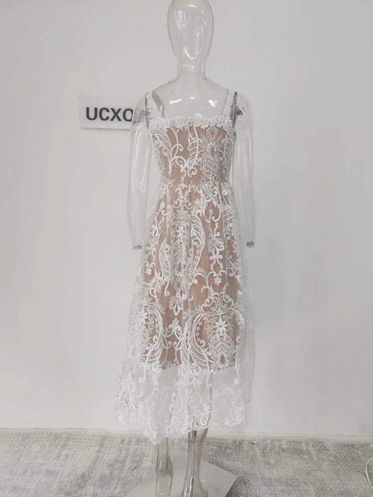 Square Neck Lace Embroidery Elegant Long Dress Fairycore Waist Sleeveless Camisole Dresses Women 2025 Spring Summer 23A8639