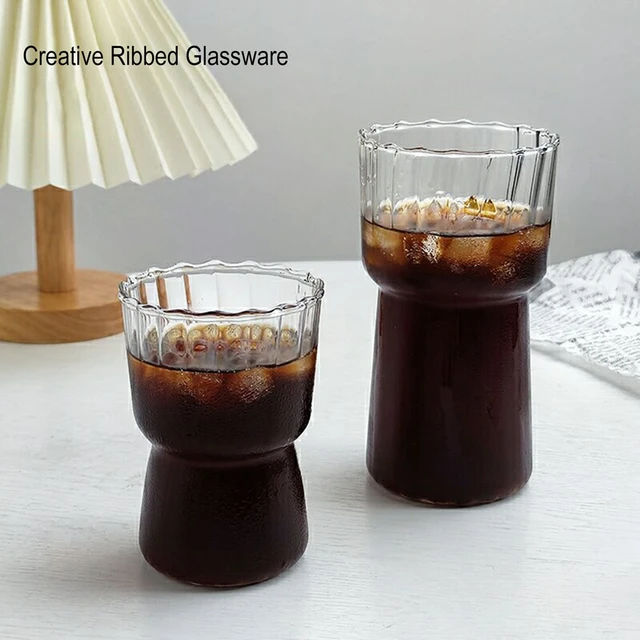 Iced Coffee Glasses,18 oz Iced Coffee Cups,Drinking Glasses,Beer Can Glass  Glass Tumbler,Wave Shape Ribbed Glassware 