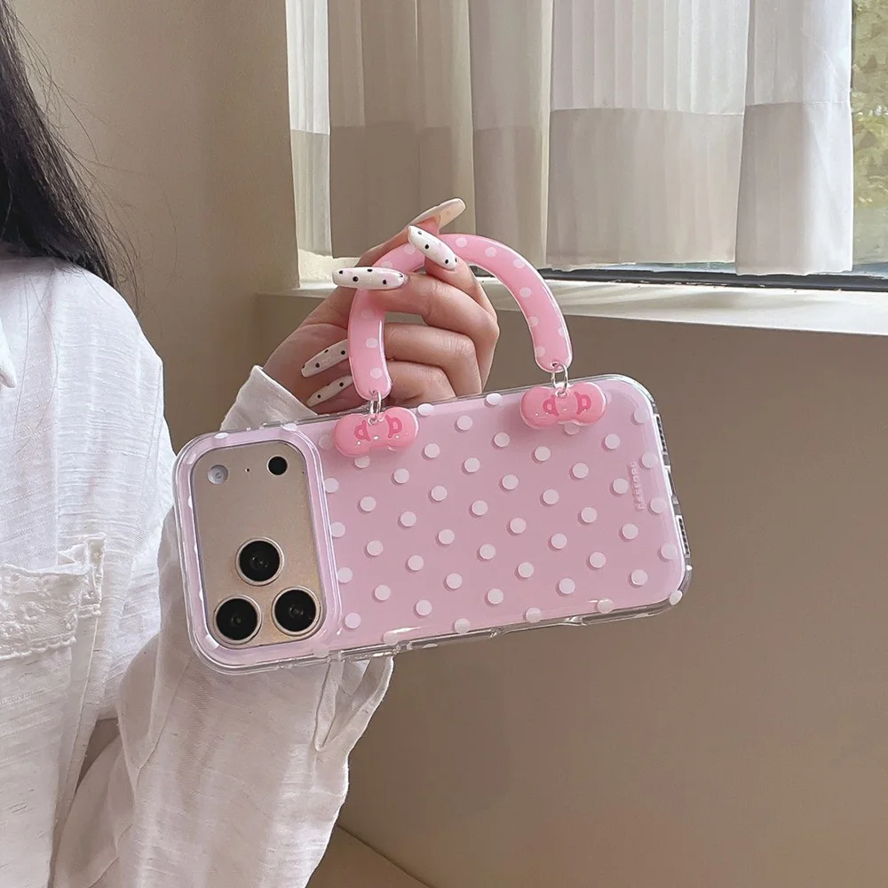 Elegant White Acrylic Phone Case with Fresh Candy Polka Bow Design