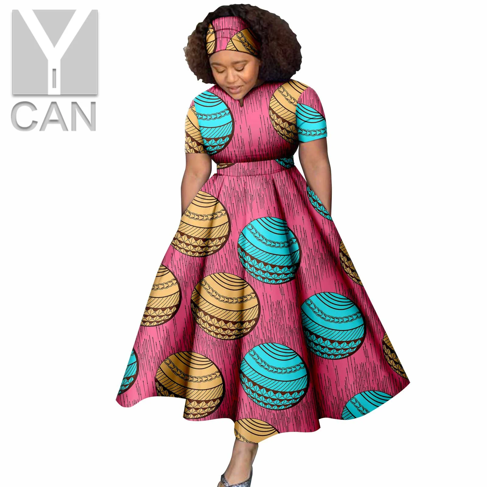 African Dresses for Women Dashiki Ladies Short Sleeves Outfits Wax Print Long Skirt with Turban Headwrap Bazin Riche Y2225024