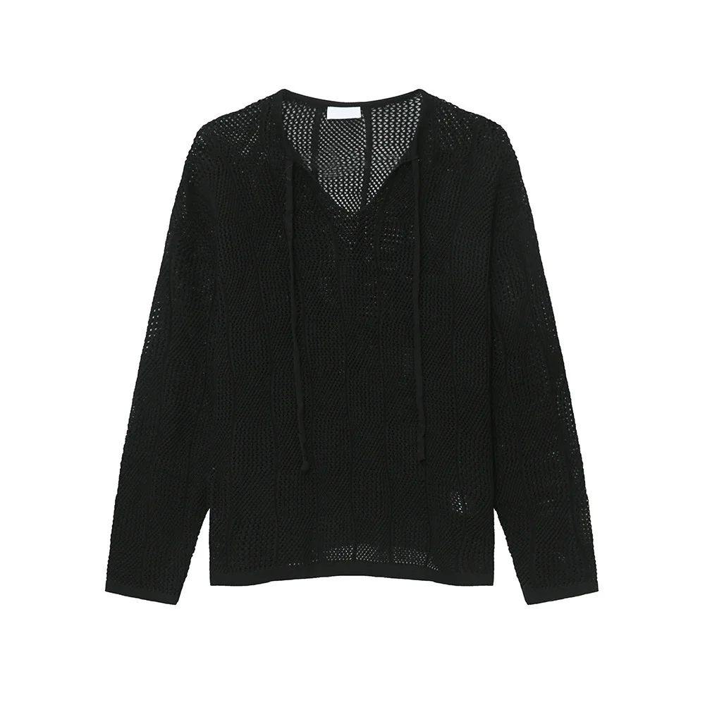 Men's Korean Style Lazy Loose Hollow Thin Knitted Shirt Trendy 2024 Autumn Long Sleeve Pullover Sweater Shirts 5