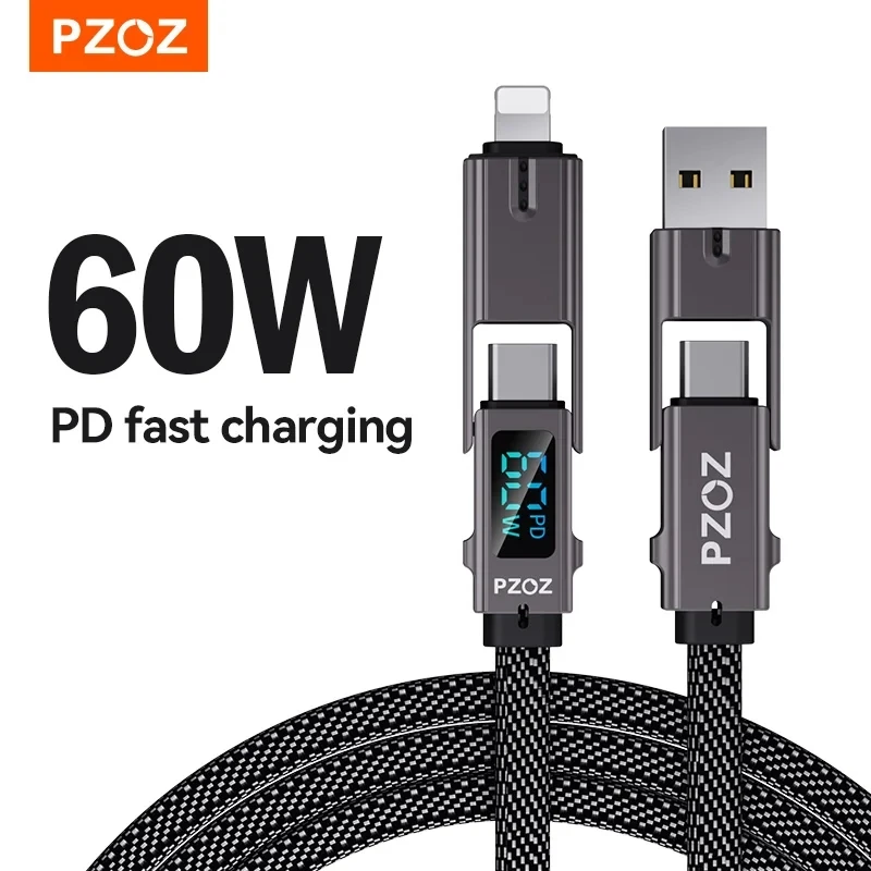 PZOZ 4 in 1 140W PD USB C Cable Digital Display Fast Charging For iPhone 15 14 13 Pro Max MacBook iPad USB Type C Cord Charger