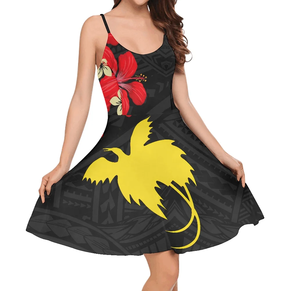 

Summer Women Suspenders Dress Round Collar Large Size Beach Skirt Papua New Guinea Tribal Pattern Printing Sling Dress