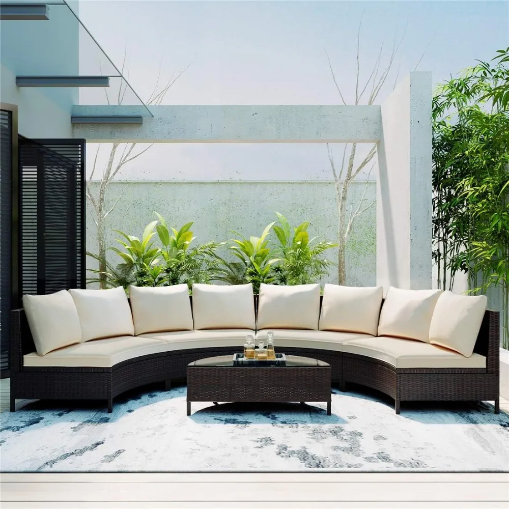 5-Piece Half Moon Outdoor Sectional Sofa Set,Cushions and Half-Moon Tempered Glass Table, Patio All-Weather PE Wicker Furniture 6