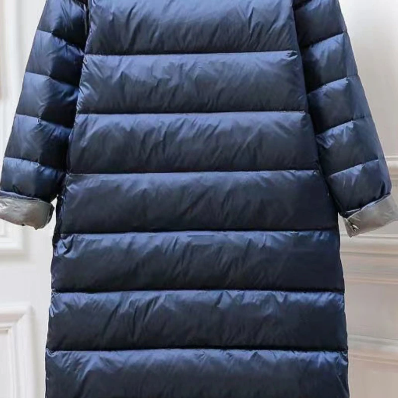 2023 New Women Down Jacket Winter Coat Female Mid-length Below Knees Parkas Thin Two Sided Loose Outwear Slim Simple Overcoat