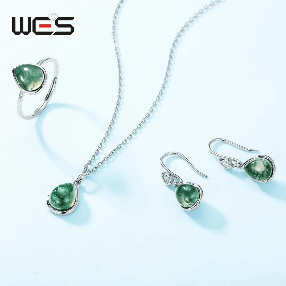 

WES 925 Sterling Silver Waterdrop 7*9mm Natural Moss Agate Jewelry Set for Woman Wedding Gifts Luxury Band Certified Wholesale