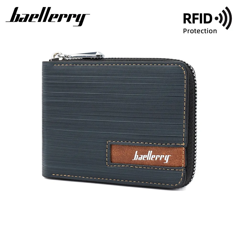 Baellerry Men's PU Wallet, 2 Colors (Coffee/Blue), RfID Blocking, Zipper Closure, Multi - Slot with Concealed Pocket
