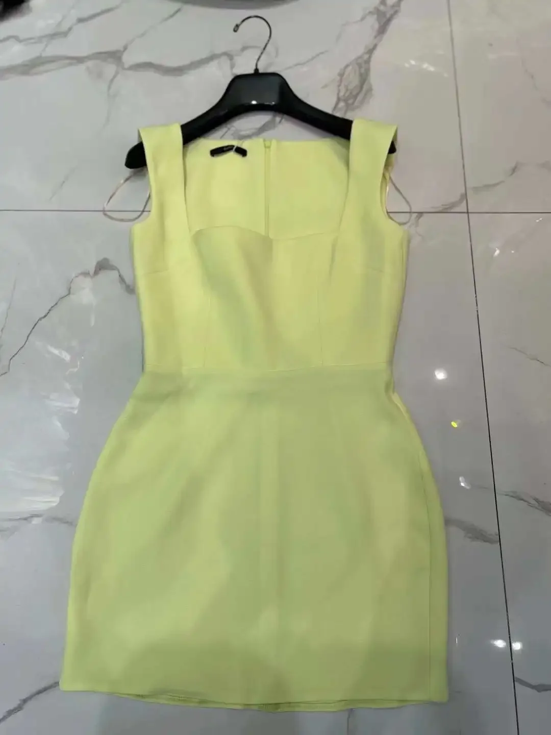 

Pencil Mini Dress Yellow Sleeveless Square Collar Strap Elegant Invisible Front Zipper Closure New High Quality