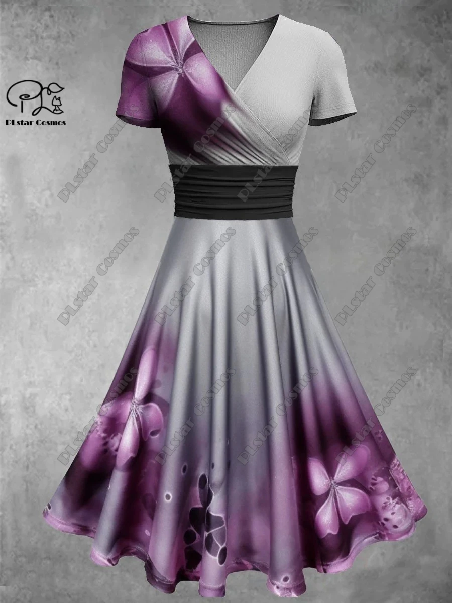 Женское платье с V-образным вырезом, цветочным принтом и коротким рукавом